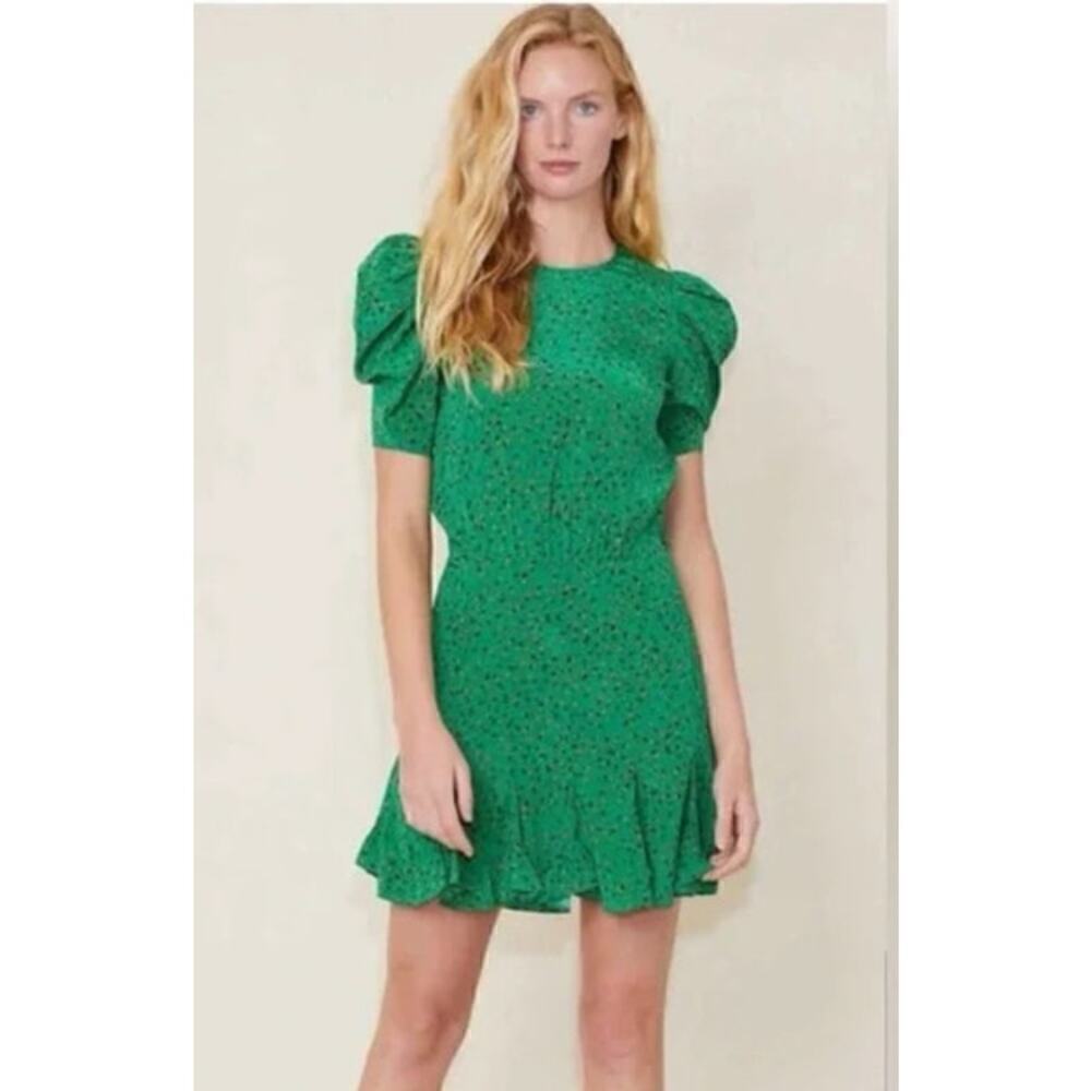 Veronica Beard Lila Dress Silk Floral Short Puff Sleeve Blouson Mini Green 8